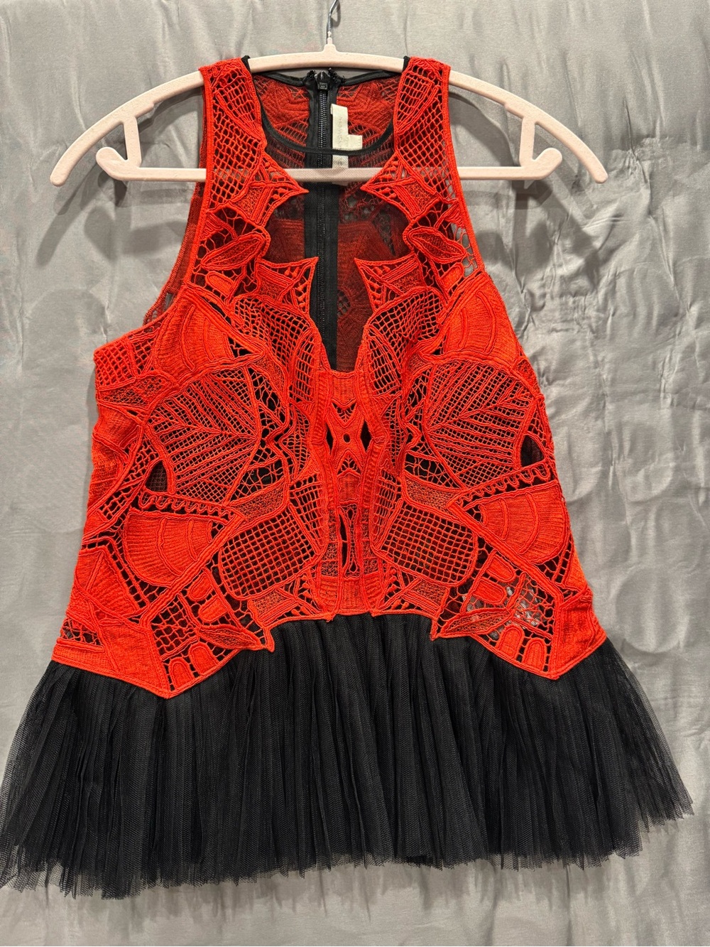 Jonathan Simkhai Red Crochet Lace Bodice with Black Tulle Hem